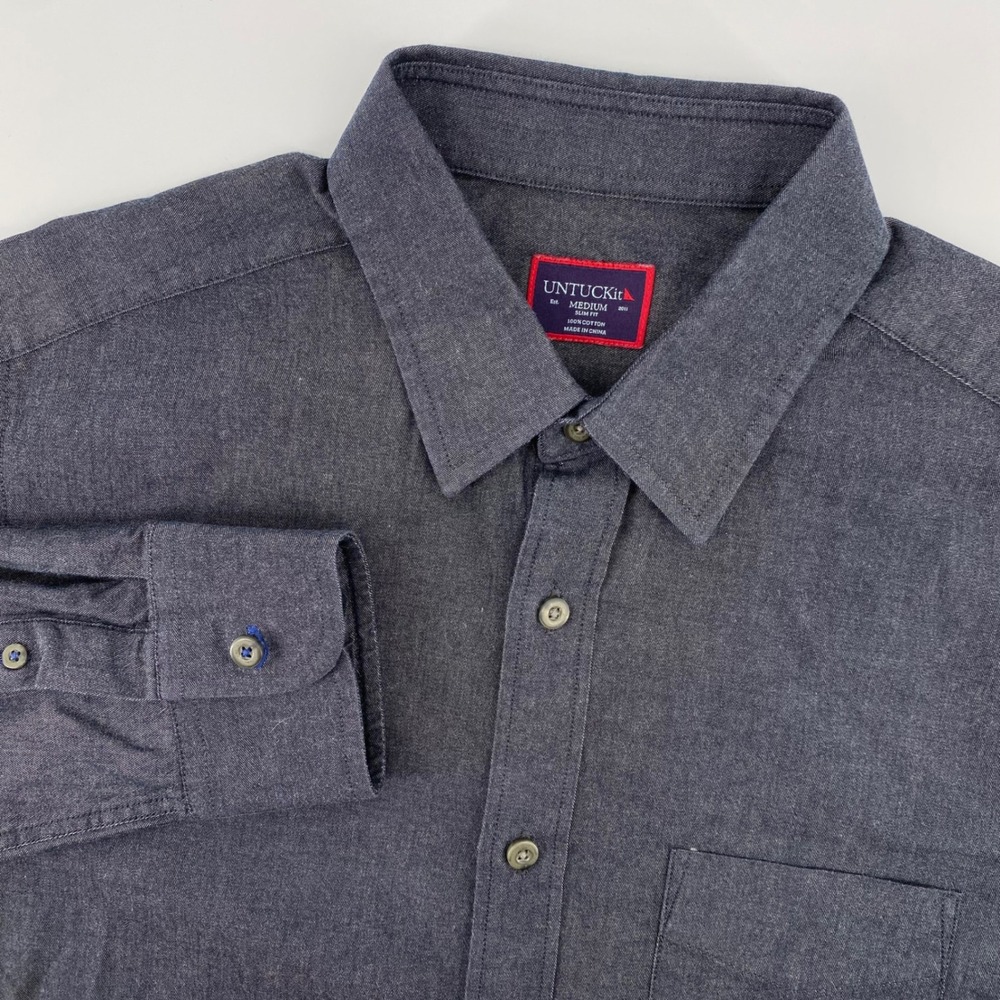 UNTUCKit Button Down Shirt Mens Medium Navy Blue Slim Fit Cotton Long Sleeve